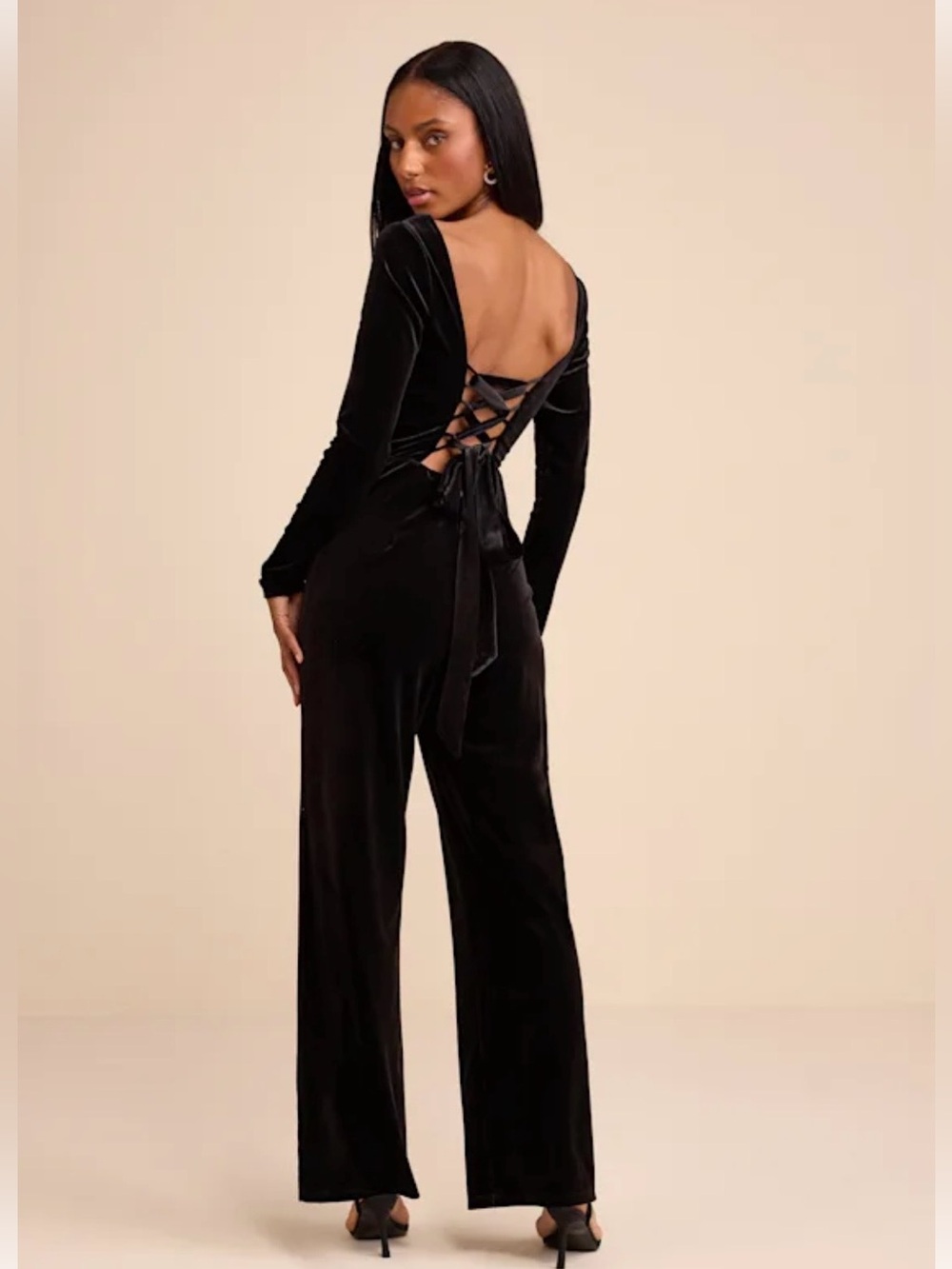 Lulu's Black Velvet Lace-Up Back Jumpsuit
